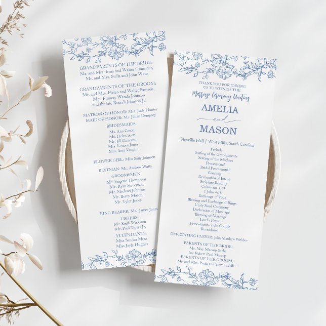 Élégant programme de mariage bleu Vintage Dusty (Vintage Elegant French Blue Toile Inspired Wedding Program)