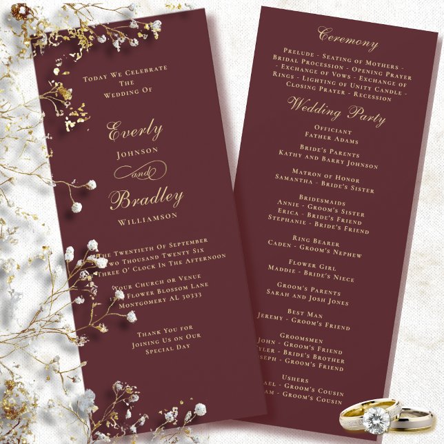 Élégant Programme de Mariage Bordeaux Fond Or (Créateur téléchargé)