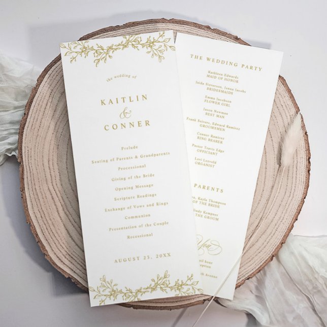 Élégant Programme de Mariage Botanique Vintage Or (Gold wedding programs with an elegant botanical floral greenery design)
