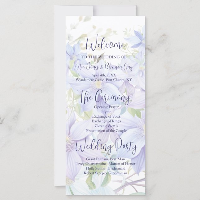 Élégant programme de mariage Clematis Periwinkle (Devant)