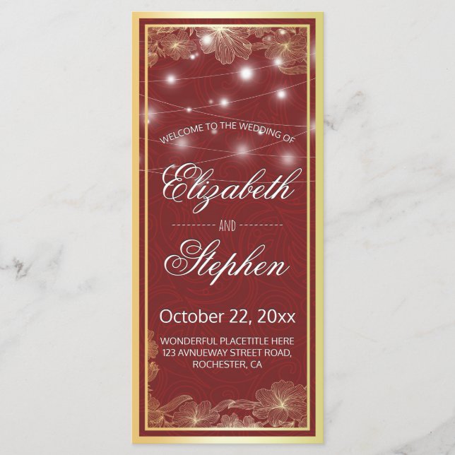 Élégant programme de mariage de cadres floraux rou (Devant)