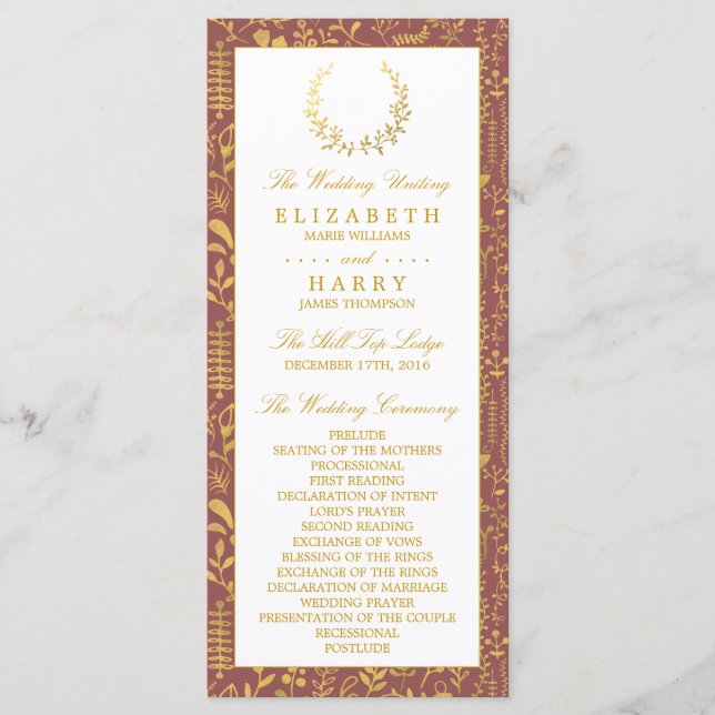 Élégant programme de mariage de germes floraux or (Devant)