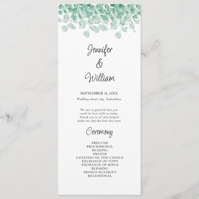 Élégant programme de mariage de l'Eucalyptus à la  (Devant)