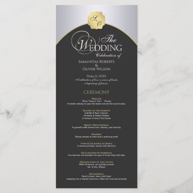 Élégant programme de mariage de Monogramme d'or en (Devant)