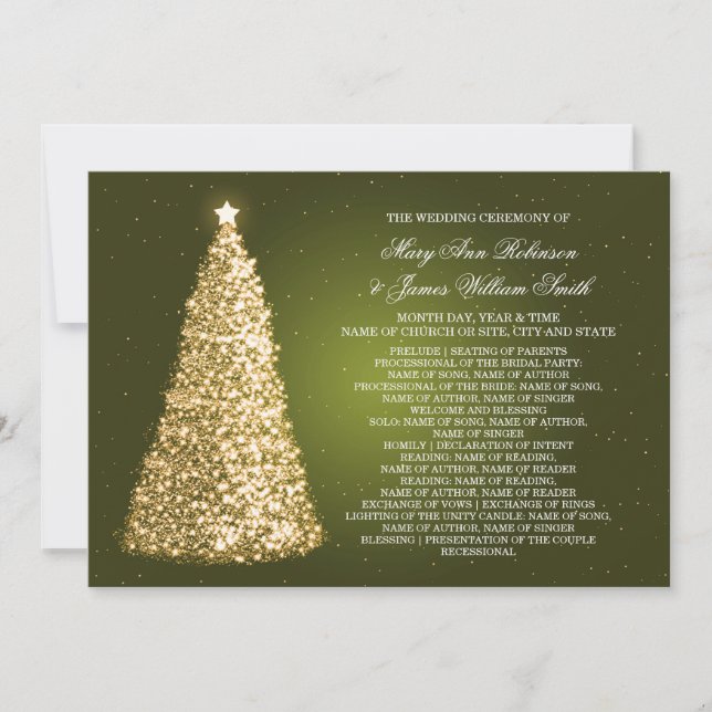 Élégant programme de mariage de Noël or vert (Devant)