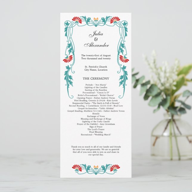 Élégant programme de mariage des fleurs de feuille (Debout devant)