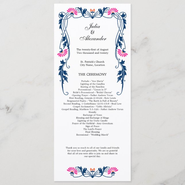 Élégant programme de mariage des fleurs de feuille (Devant)