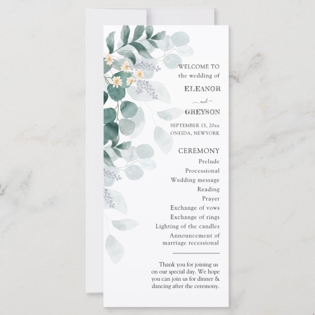 Élégant programme de mariage eucalyptus aquarelle (Devant)