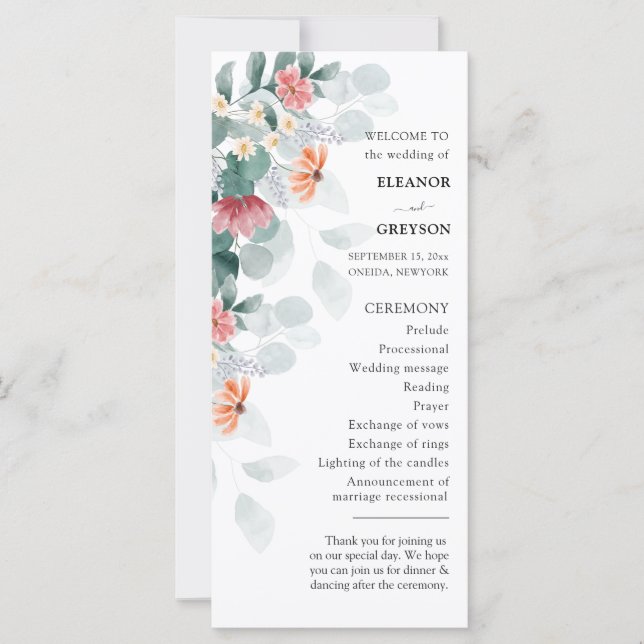 Élégant programme de mariage fleur sauvage eucalyp (Devant)