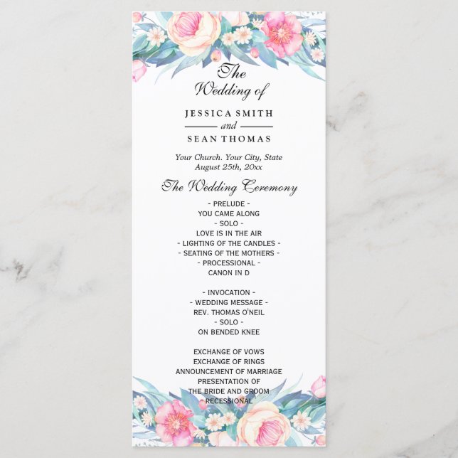 Élégant programme de mariage floral aquarelle (Devant)