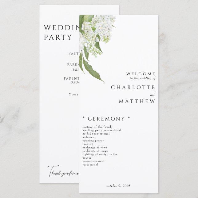Élégant programme de mariage floral blanc (Devant / Derrière)