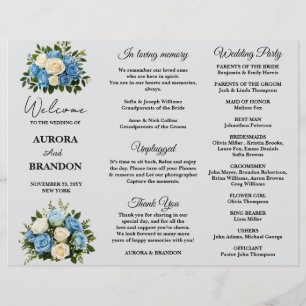 Élégant programme de mariage floral bleu et blanc