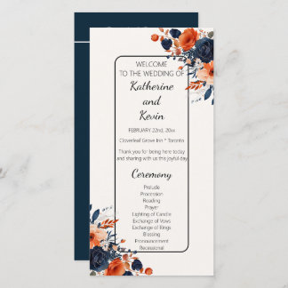 Élégant programme de mariage floral bleu orange de