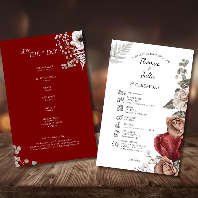 Élégant programme de mariage floral d'aquarelle Bo (Elegant Burgundy Watercolor Floral Wedding Program)