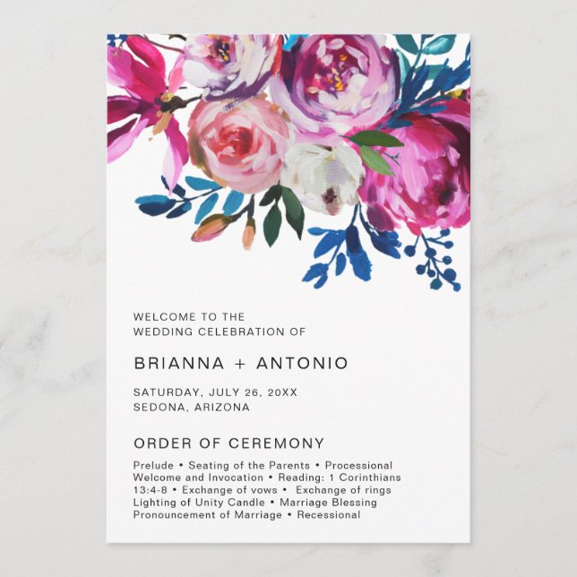 Élégant programme de mariage floral rose moderne (Devant)