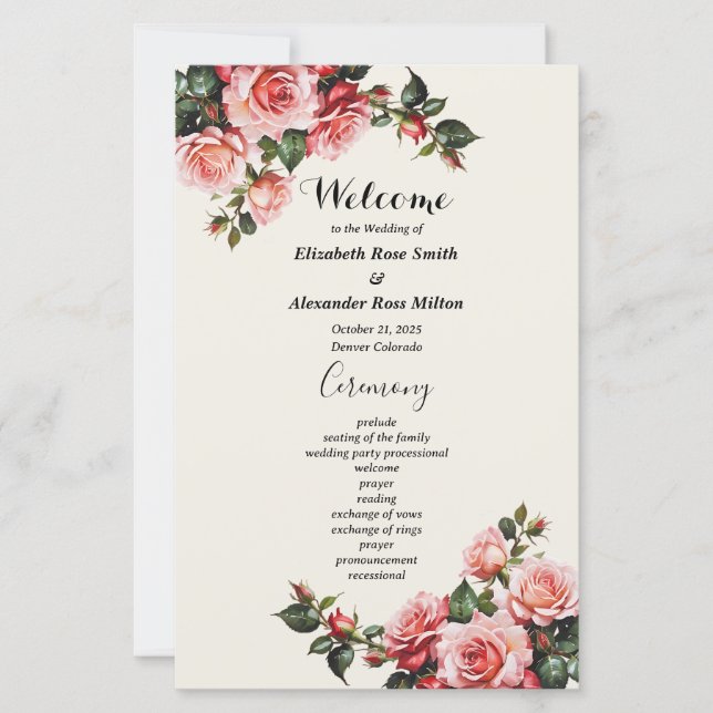 Élégant programme de mariage floral roses et roses (Devant)