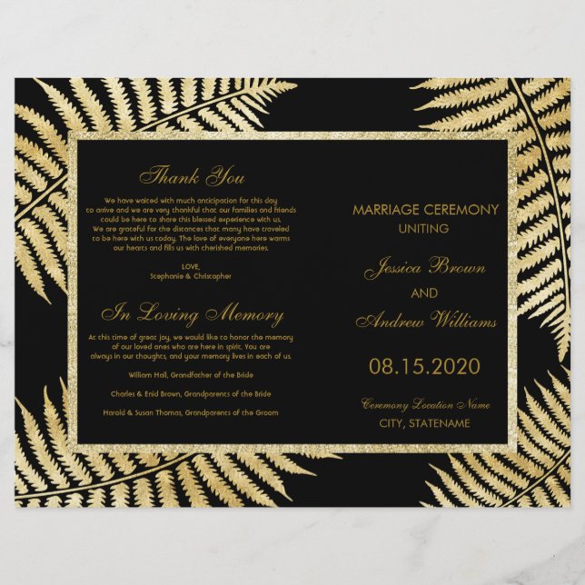 Élégant Programme de Mariage Fougère Feuille d'Or  (Devant)
