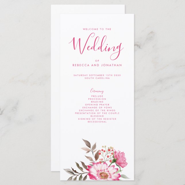 Élégant programme de mariage minimal rose floral (Devant / Derrière)
