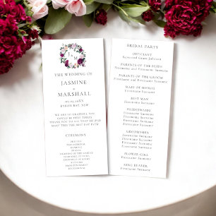 Élégant programme de mariage monogramme floral bor