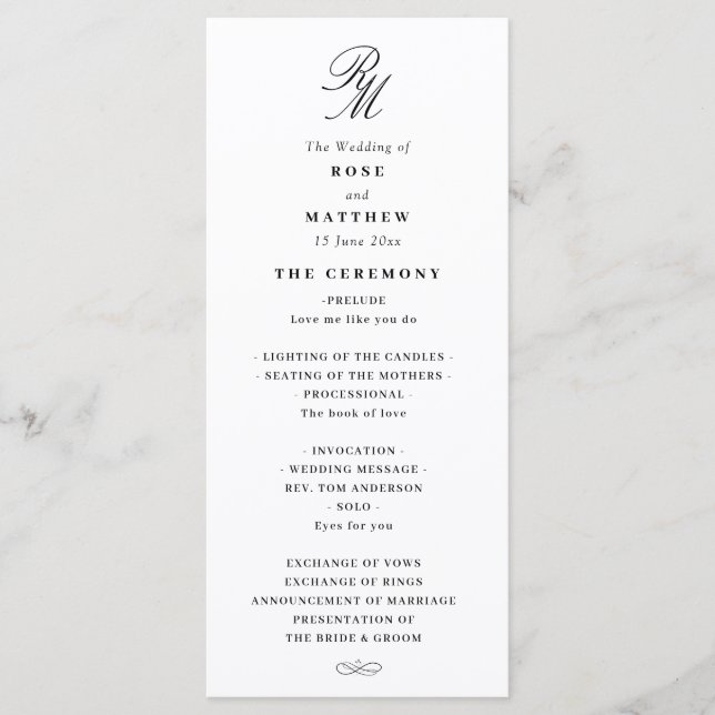 Élégant programme de mariage noir et blanc (Devant)
