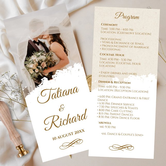 Élégant programme de mariage photo & or script (elegant-photo-gold-script-wedding-program )