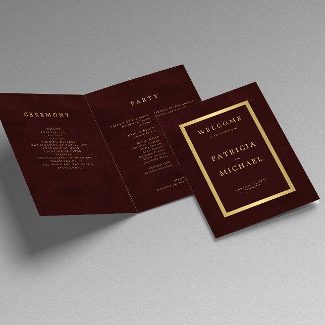 Élégant programme de mariage plié bordeaux or (Créateur téléchargé)