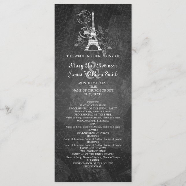 Élégant programme de mariage Romantique Paris Noir (Devant)