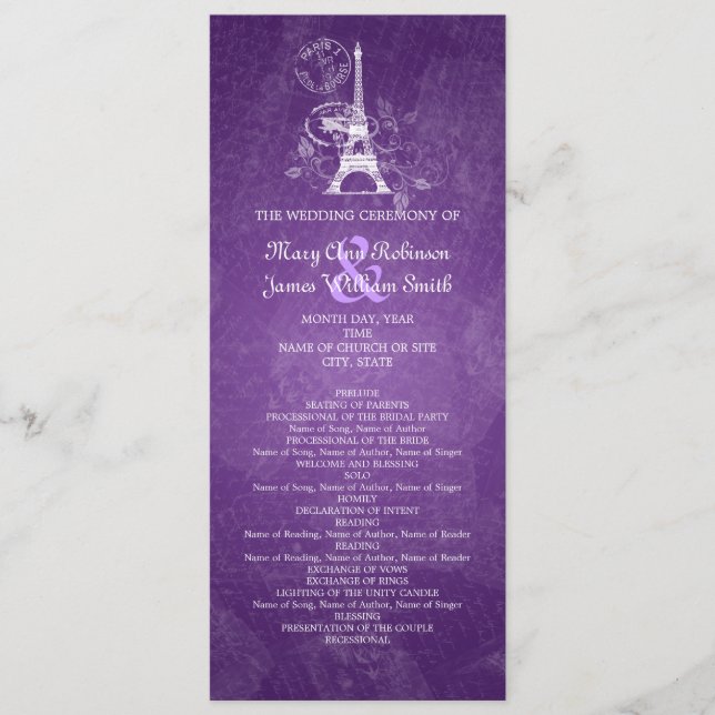 Élégant programme de mariage Romantique Paris viol (Devant)