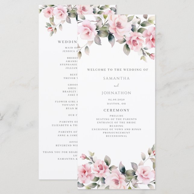 Élégant programme de mariage rose floral carte pla (Devant / Derrière)