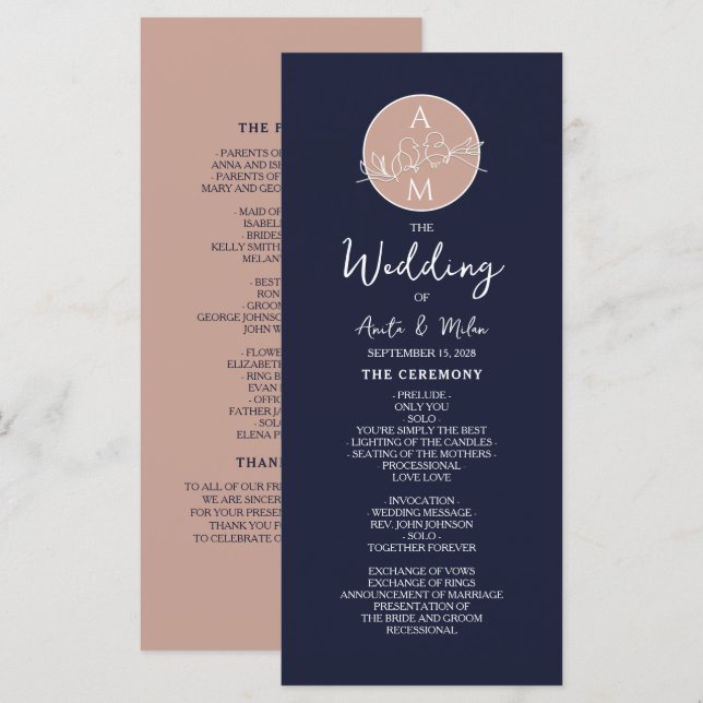 Élégant programme de mariage rose poudré et bleu m (Devant / Derrière)