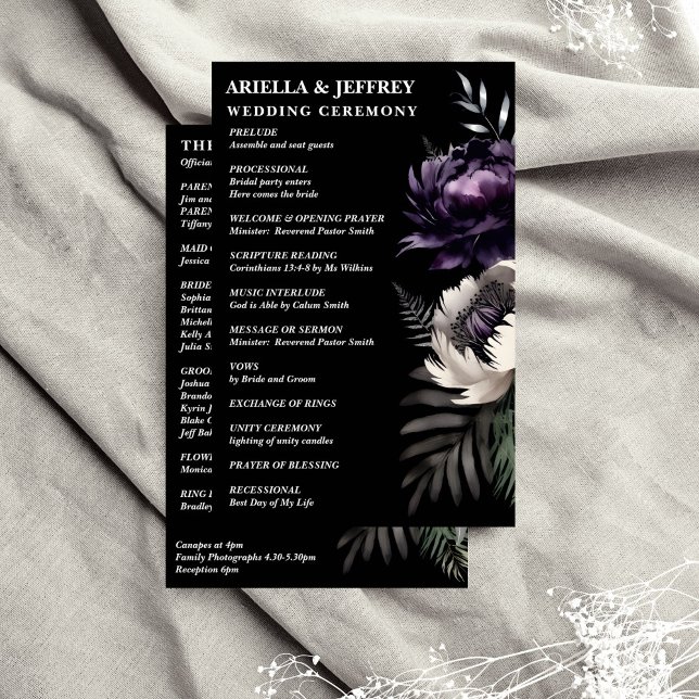 Élégant programme de mariage sombre (Dark moody boho elegant wedding program purple peonies black background order of evens program)