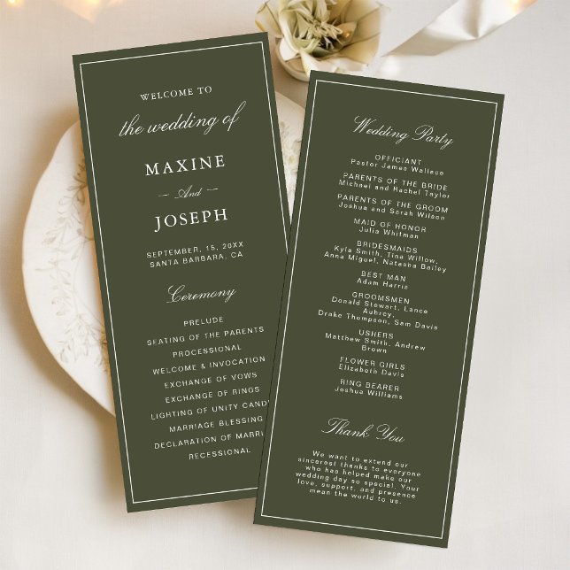 Élégant programme de mariage vert poussiéreux écri (Elegant dusty green wedding programs keep guests informed with timeless style and grace.)