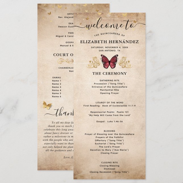 Élégant programme de papillon Quince Or et Bourgog (Devant / Derrière)