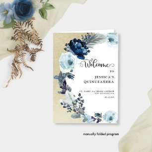 Élégant Programme Fleuriste Bleu et Or de Quinceañ