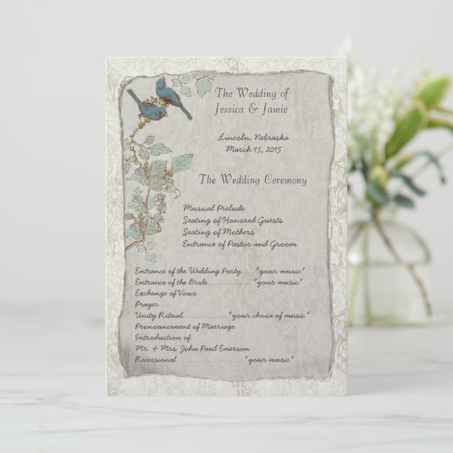 Élégant programme Mariage damassé Oiseaux Turquois (Debout devant)