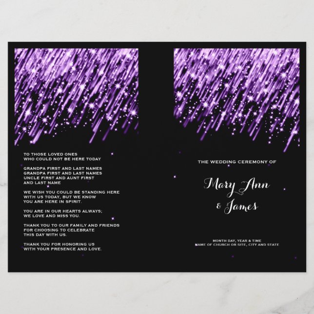 Élégant Programme Mariage Tombant Étoiles Violet (Devant)