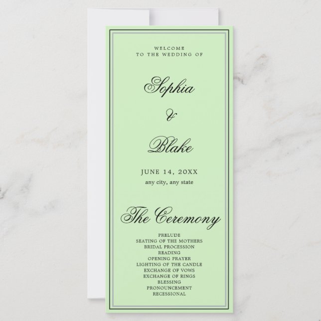 Élégant Programme Minimaliste Thé Vert Mariage (Devant)