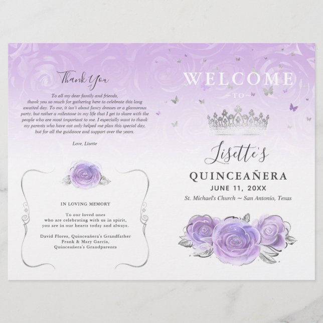 Élégant Programme Quinceañera Violet Clair Argent (Devant)