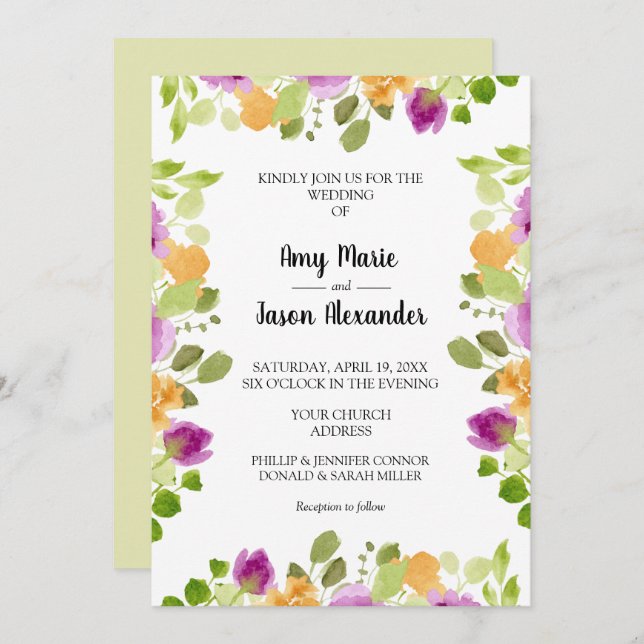 Elégant Purple Aquarelle Floral Mariage Invite (Devant / Derrière)