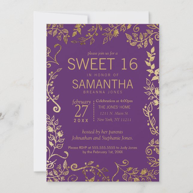 Élégant Purple et or Floral Sweet 16 Invitation (Devant)
