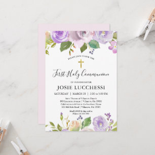 Élégant Purple Floral Baptême Communion Invitation