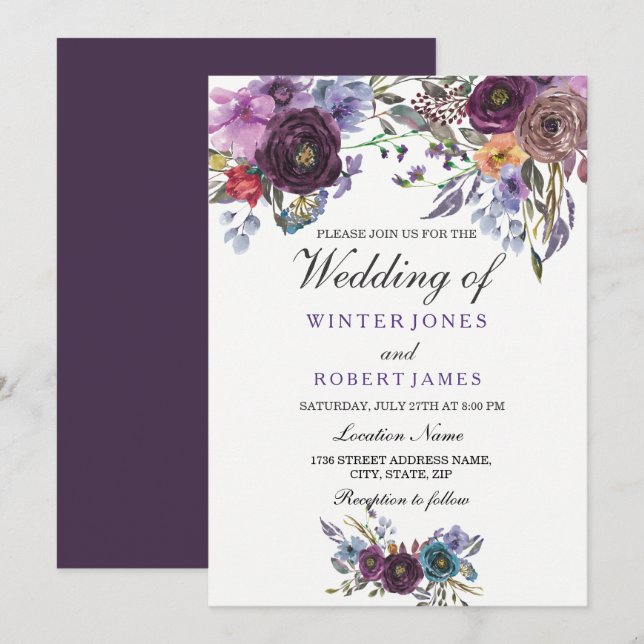 Élégant Purple Floral Hiver Mariage Invitation (Devant / Derrière)