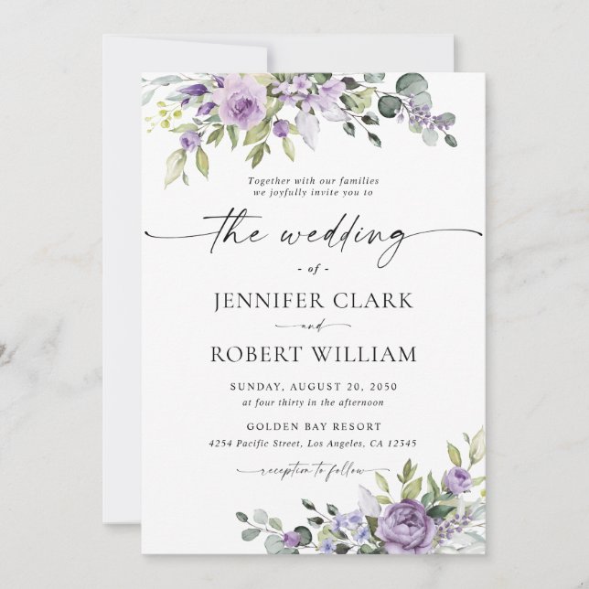 Elegant Purple Floral Wedding Invitation (Devant)