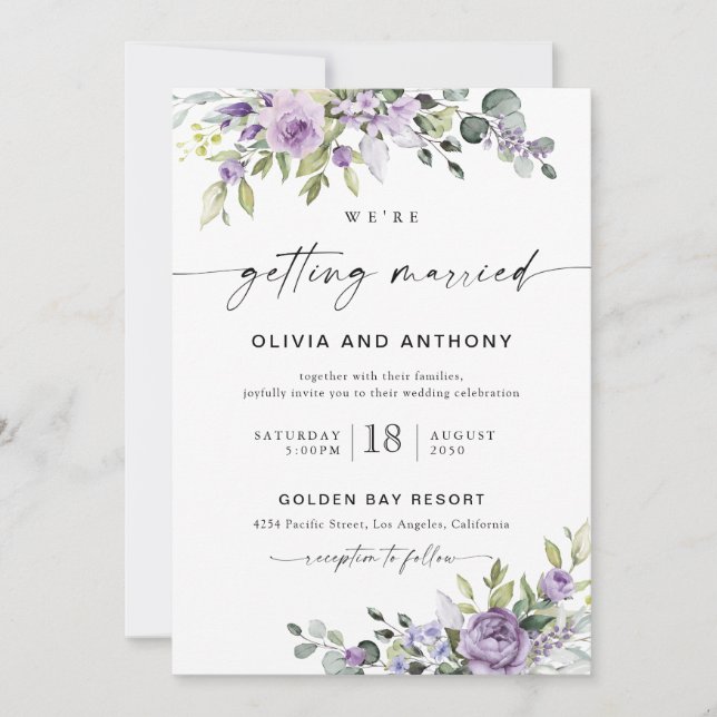Elegant Purple Floral Wedding Invitation (Devant)