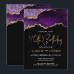 Elégant Purple Gold Agate 40e anniversaire Invitat<br><div class="desc">Cette élégante invitation de 40ème anniversaire présente une aquarelle d'une géode d'agate dans les tons violet avec des reflets d'or. Les mots "40th Birthday" apparaissent dans la parties scintillant en faux or dans la police d'écriture moderne décorative. Customisez-le avec le nom de l'honoré dans le texte couleur or et les...</div>