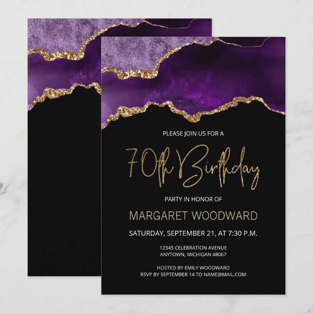 Elégant Purple Gold Agate 70e anniversaire Invitat (Devant / Derrière)