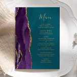 Elégant Purple Gold Agate Turquoise Menu Mariage<br><div class="desc">Le bord gauche de cet élégant menu mariage moderne comporte une bordure d'aquarelle violette ornée d'une parties scintillant en faux or. Le texte personnalisable combine un script d'écriture manuscrite de couleur or et des polices de cuivre sur un arrière - plan bleu turquoise. L'envers est assorti d'une agate violette et...</div>