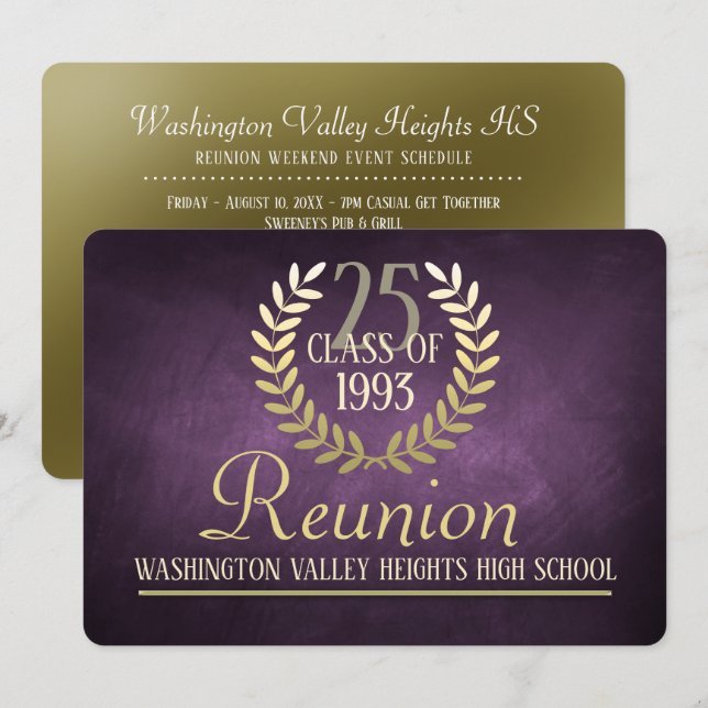 Elégant Purple|Gold Class Reunion Invitation (Devant / Derrière)