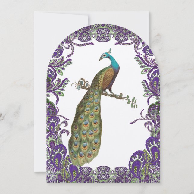 Elégant Purple & Green Peacock Invitations de mari (Dos)