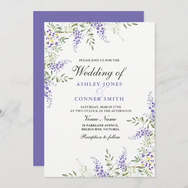 Elégant Purple Lavender Floral Wedding Invitation (Devant / Derrière)